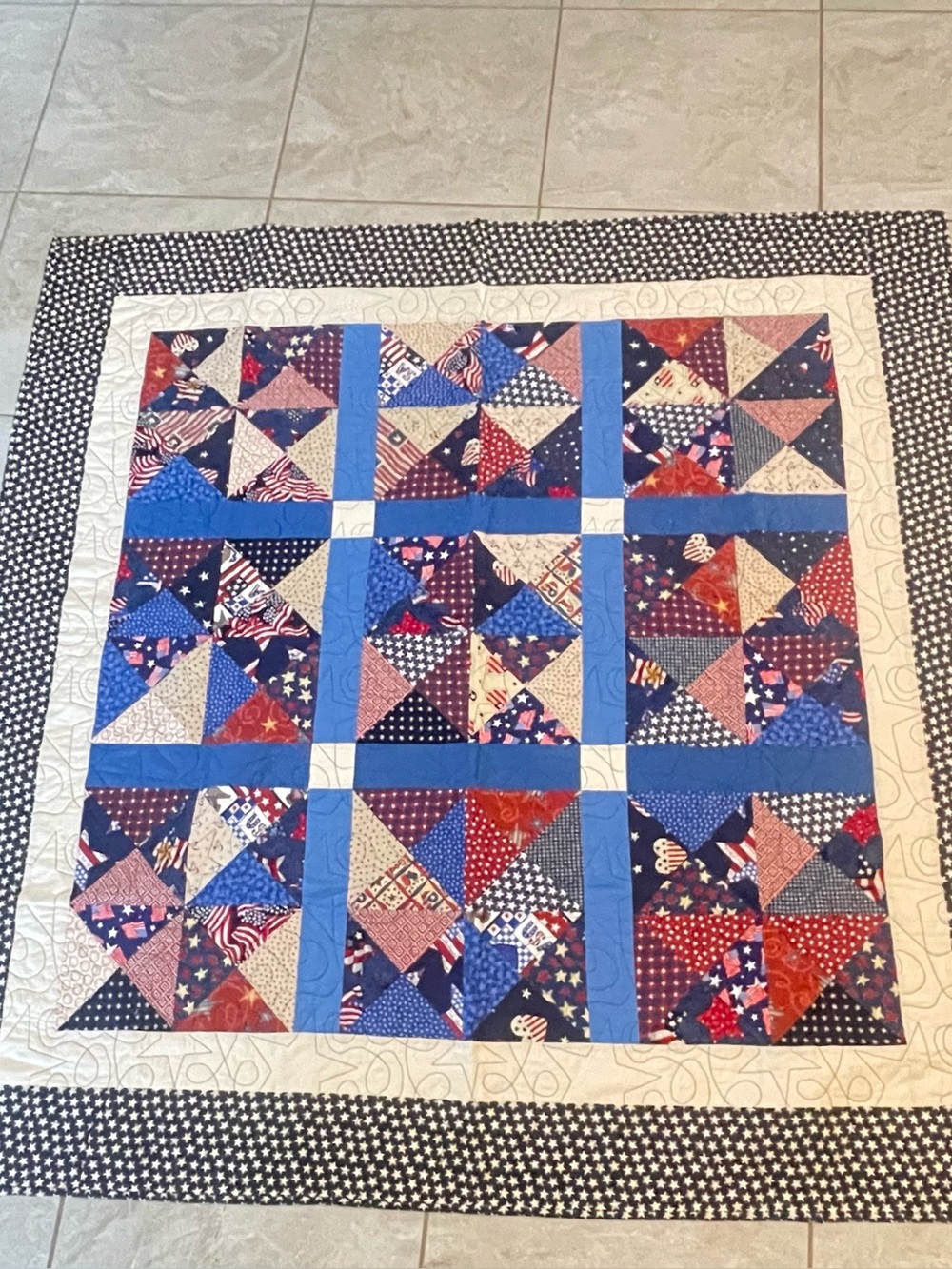 Vintage Handmade Patchwork Quilt in Blue, Red and White 4th of July